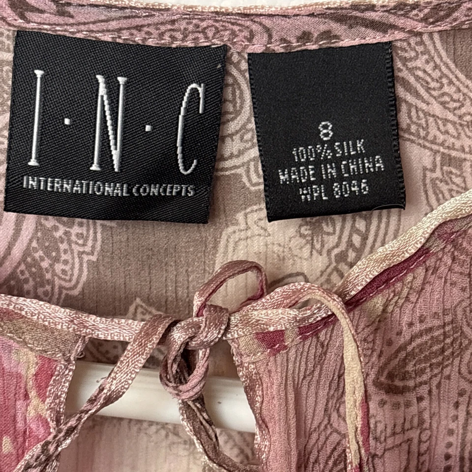 Топ INC International Concepts шелковый розовый коричневый с узором пейсли с длинным рукавом прозрачный размер 8 - Изображение 3 из 4