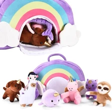 Set of 7 Portable Plush Animal Toys Vibrant Rainbow Set w/ Traveling Plush Case