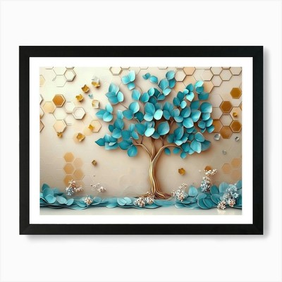 Gelassener 3D Baum, Türkis und Blau Gerahmtes Wandbild Poster Leinwanddruck Bild