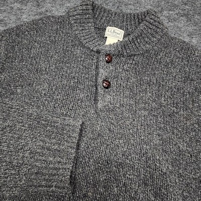 LL Bean Mens Lambswool Ragg Wool Henley Pullover Sweater Gray Large