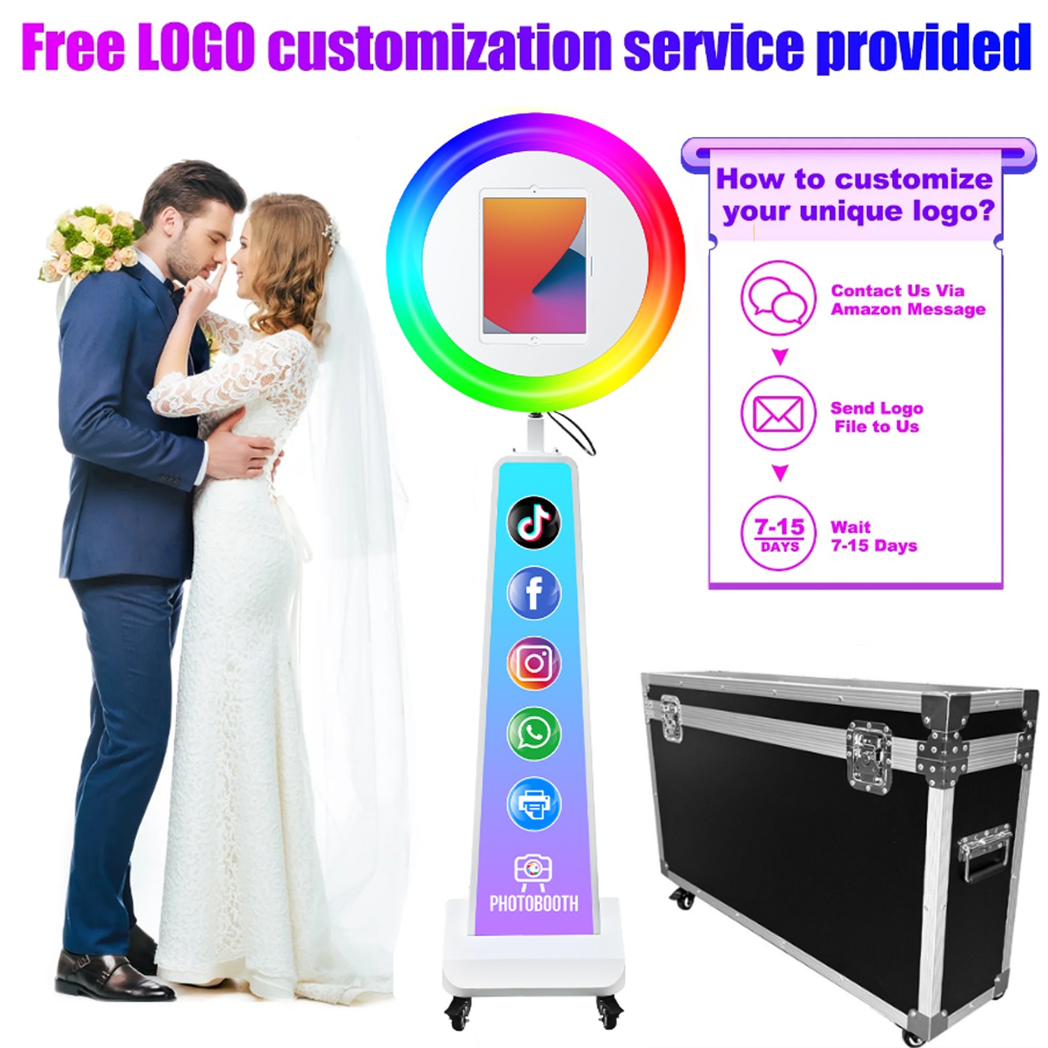 Photo Booth Selfie Station Stand RGB Ring Light w/Flight Case for Events Wedding