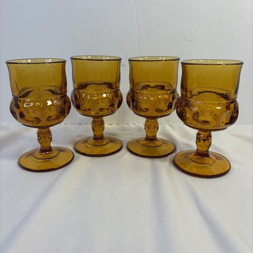 Set Of 4 Vintage 1960s Indiana Glass Kings Crown 5 3/4” Amber Thumbprint Goblet