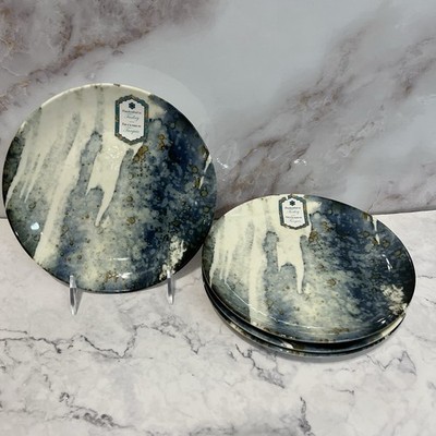Set of Four  Intesa Home Blue Gold Marble Abstract Salad Plates ~New~from Turkey