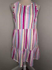 GAP striped sleeveless tiered dress pink green yellow knit tank dress size Large