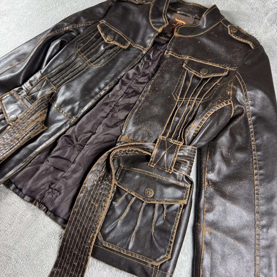 Dollhouse Distressed Moto Utility Belted Faux Leather Jacket Women’s M Brown - Image 3 of 4