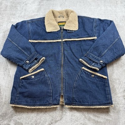 VTG Eagles Ridge Sherpa Denim Trucker Jacket Men s L Blue Heavyweight Durability