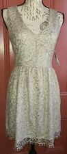 NWT! Aqua gray & silver metallic lace sleeveless v neck dress, ladies' size S