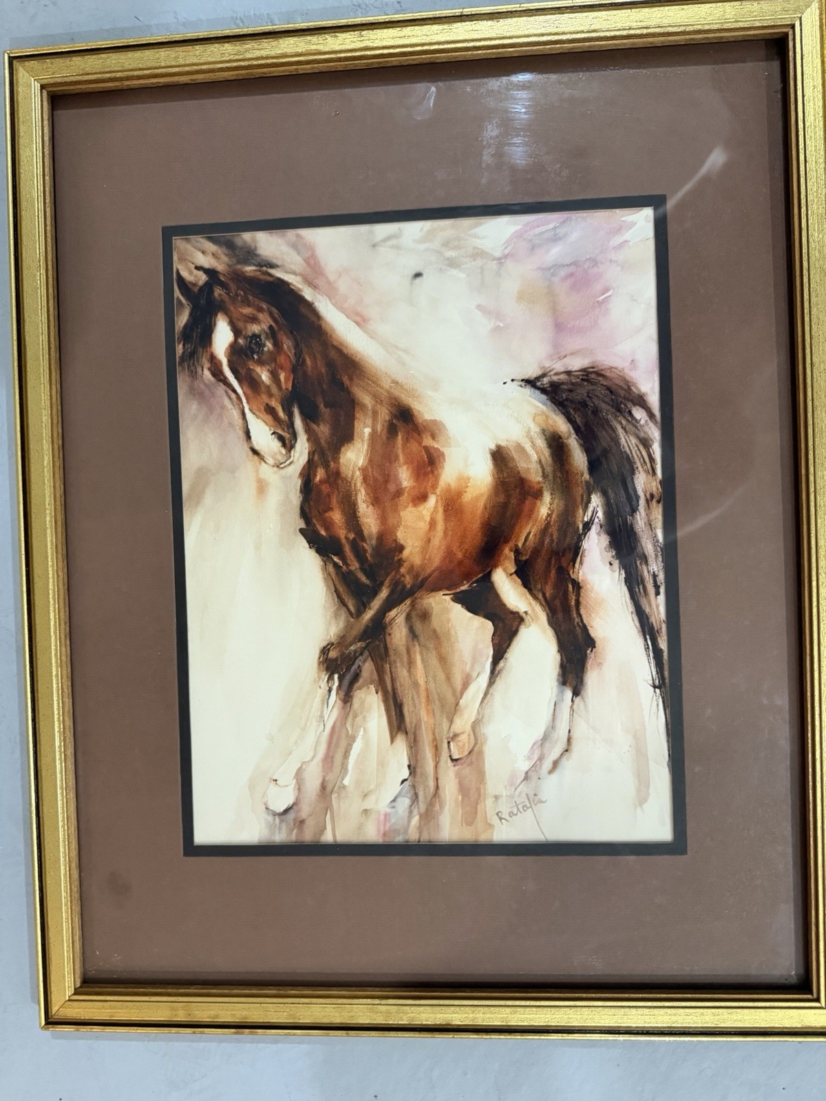 Natalie Signed Watercolor Horse Painting on Paper, Impressionist, Matted Framed