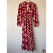 NWT Doen Charleston Cotton V Neck Long Sleeve A Line Maxi Dress Alsace Plaid Red