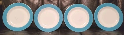 Vtg 50s•Rare•Pyrex Dinnerware•Turquoise Blue Rim  10” Dinner Plates Set Of 4