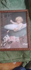 Beautiful Print Of Baby In A Bathtub With Puppy, Double Matted With Wooden frame