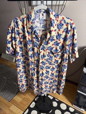 PABST BLUE RIBBON Beer Logo Rayon Button Down Short Sleeve Shirt XL PreOwned EUC