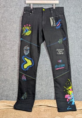 Blac Leaf Jeans Men's Urban 36x32  Black Skinny Colorful Graffiti Embroidery 