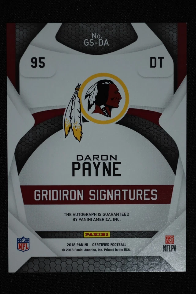 Daron Payne-Washington Redskins, Auto 45/50-2018 Panini Certified, Mint - Image 2 of 2