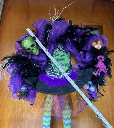 XL 32" Halloween Witch Wreath Hat Legs Purple Black Front Door Decor Decoration - Picture 3 of 8