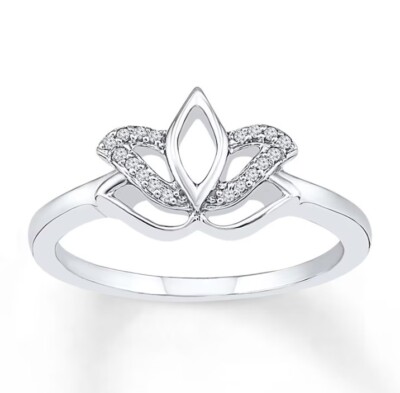 Real 10K White Gold With Round Cut Lab Grown Diamond Lotus Pattern Ring