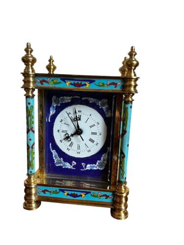 VINTAGE CHINESE CLOISONNE ENAMEL CARRIAGE/MANTLE CLOCK BLUE GARDEN SCENE - Picture 1 of 13