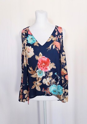 Lush V Neck Tie Front Sleeveless Top Blouse Womens Size Small Floral Blue Pink
