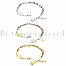 Stainless Steel Religious Virgin Mary Cross Beaded Prayer Bracelet for Men Women