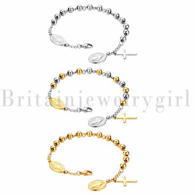 Stainless Steel Religious Virgin Mary Cross Beaded Prayer Bracelet for Men Women