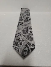 Bergamo New York Men's Tie Silver White Black Swirl Paisley Floral Handmade 