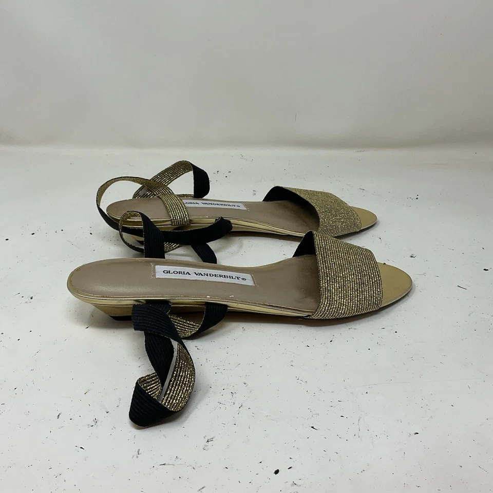 Vintage 80s 90s Gloria Vanderbilt Ankle Wedge Gold Espadrille Sandals Evening 8 - Image 2 of 4