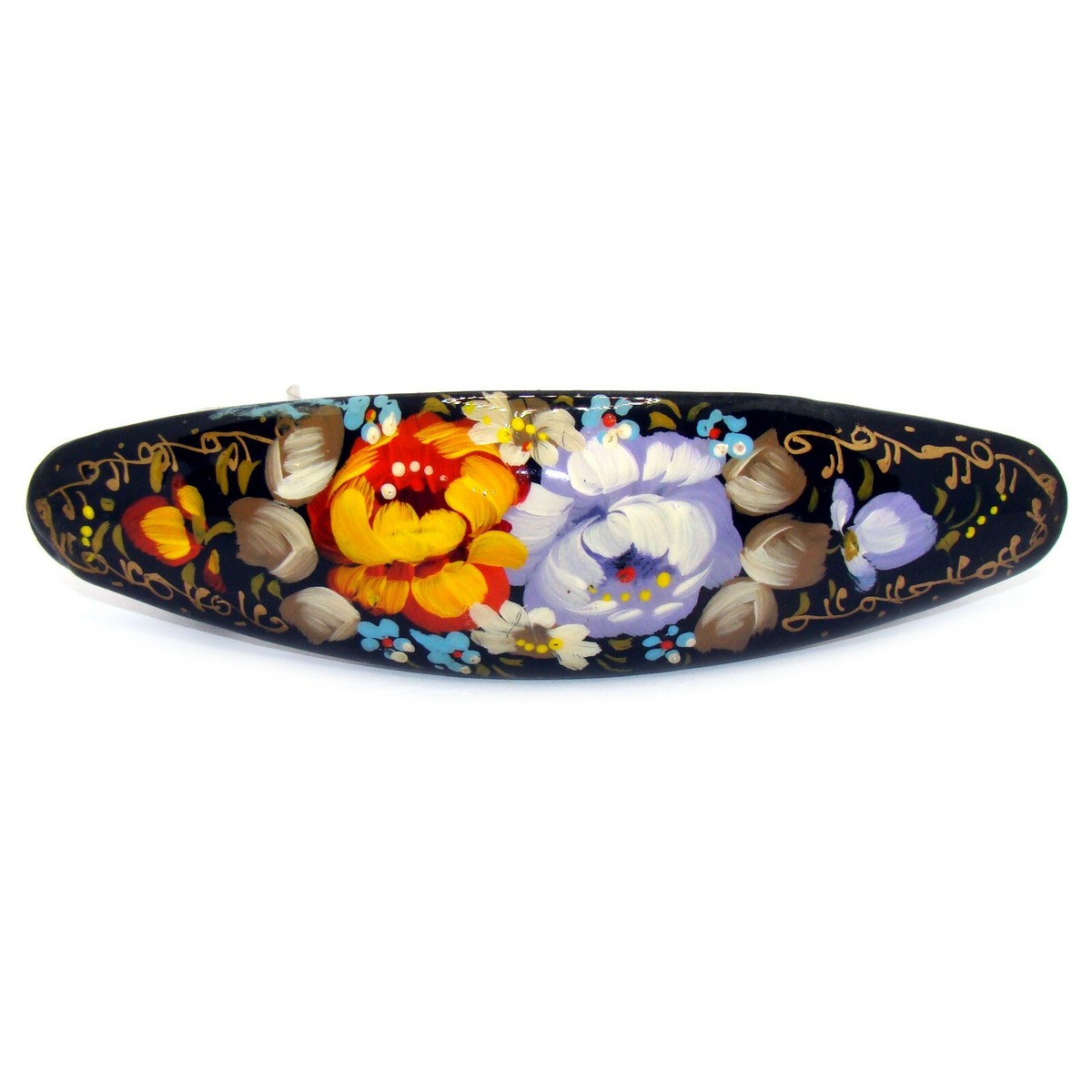 Barrette Russe Peinte à La Main – Verte, Bois Et Métal – Artisanat Unique