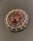 Pin Bohemian Garnet/Carnelian Cabochons Vintage Filigree Silver Brooch