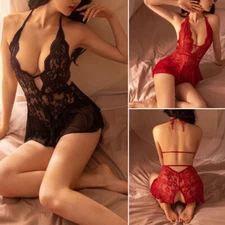Babydoll Lingerie for Women Floral Open Crotchless Teddy Nightie Lace Bodysuit