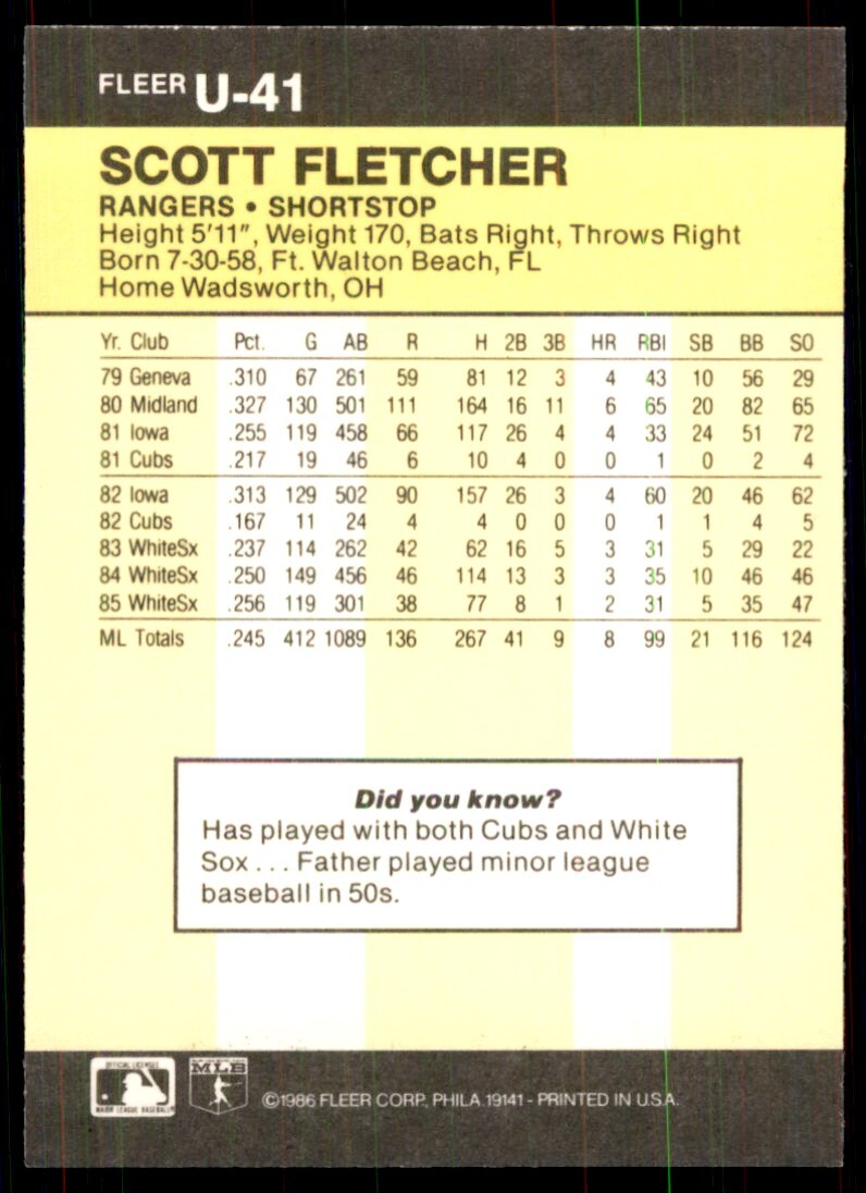 1986 Fleer Update Scott Fletcher Baseball Cards U41 eBay