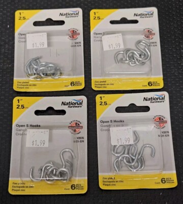 4x National Hardware N121-574 V2076 Open S-Hook, 1'', Zinc Plated 6 Pk (24 Total)