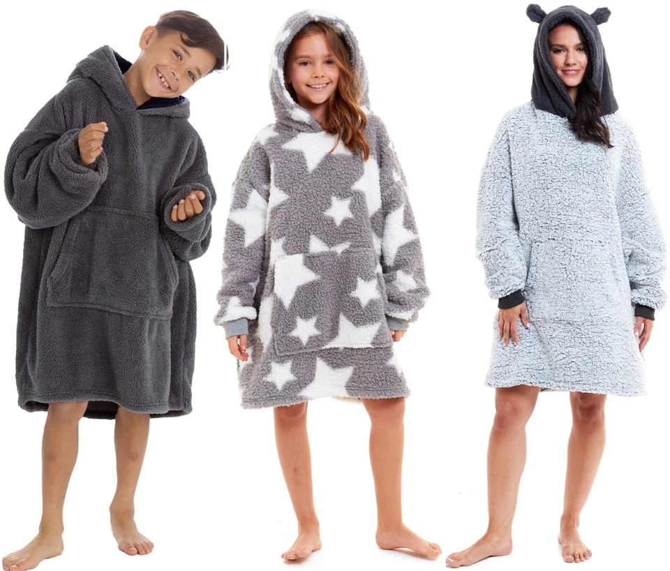 BRANDED XMAS UNISEX Jungen Mädchen Kapuze DICKE Decke Weich HOODIES Sherpa Warm Kleid Morgenmantel