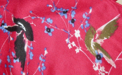 "BEAUTIFUL RED SCARF W/BLACK AND BLUE BIRDS" GENTLY WORN - LOVELY ON!" - Picture 5 of 6
