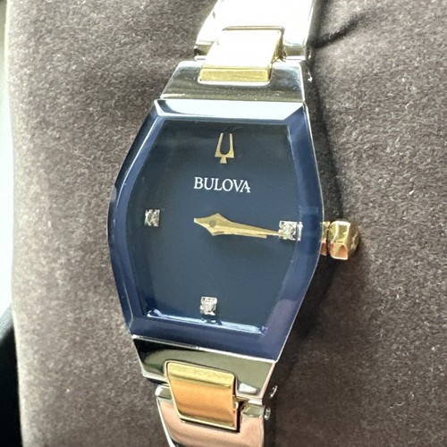 Bulova Gemini Diamonds Quartz Blue Dial Steel Ladies Bangle Watch ...