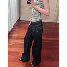 Women's American Blue Button Design Jeans Low Waist Straight Leg Loose Wide Leg