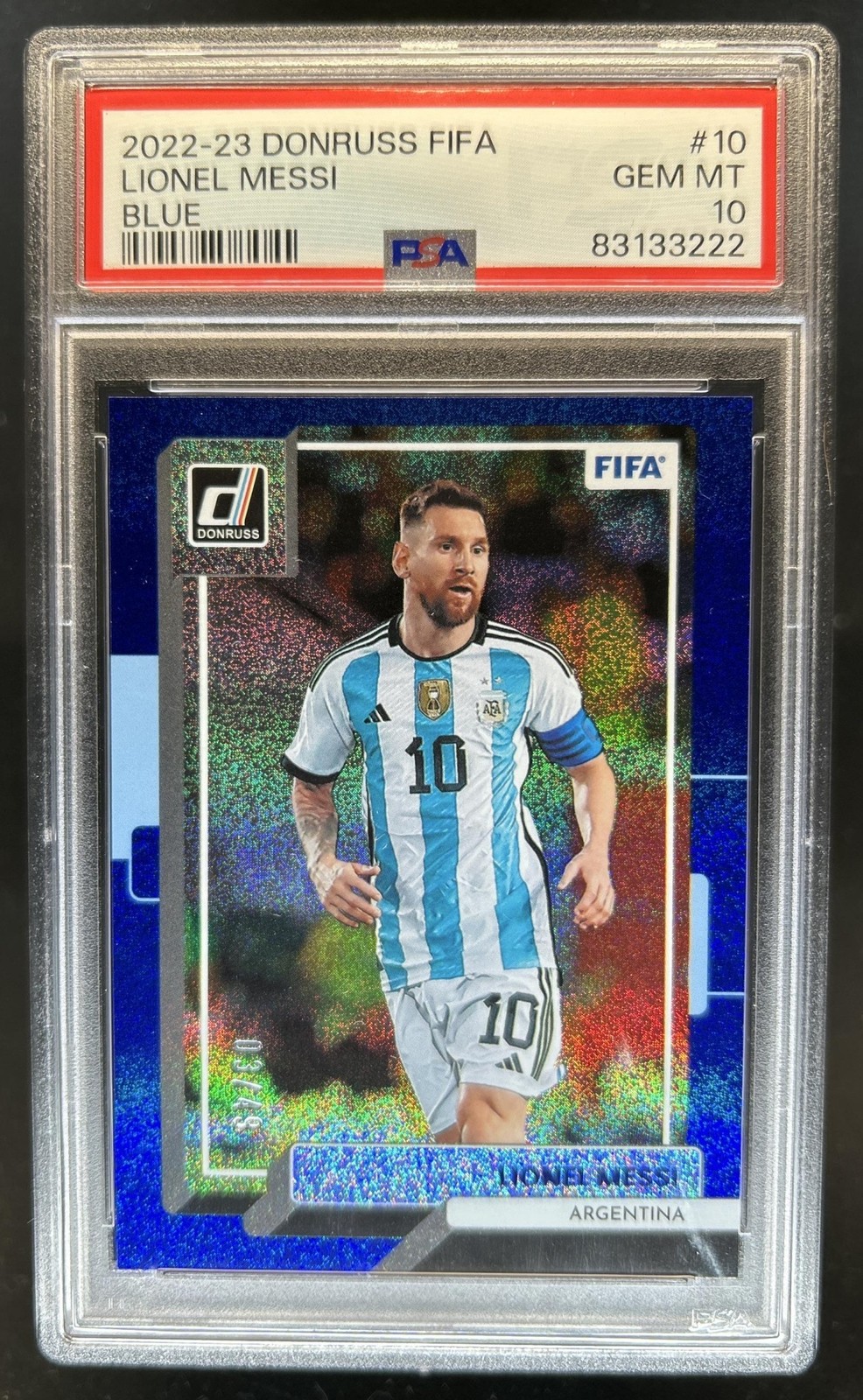 2022-23 Panini Donruss Lionel Messi Blue #/49 Argentina PSA 10 GEM MINT view 1
