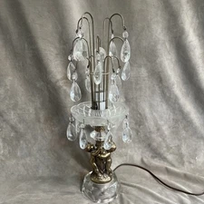 Vintage 19.5” Hollywood Regency Cherub Crystal Waterfall Fountain Bowl Lamp