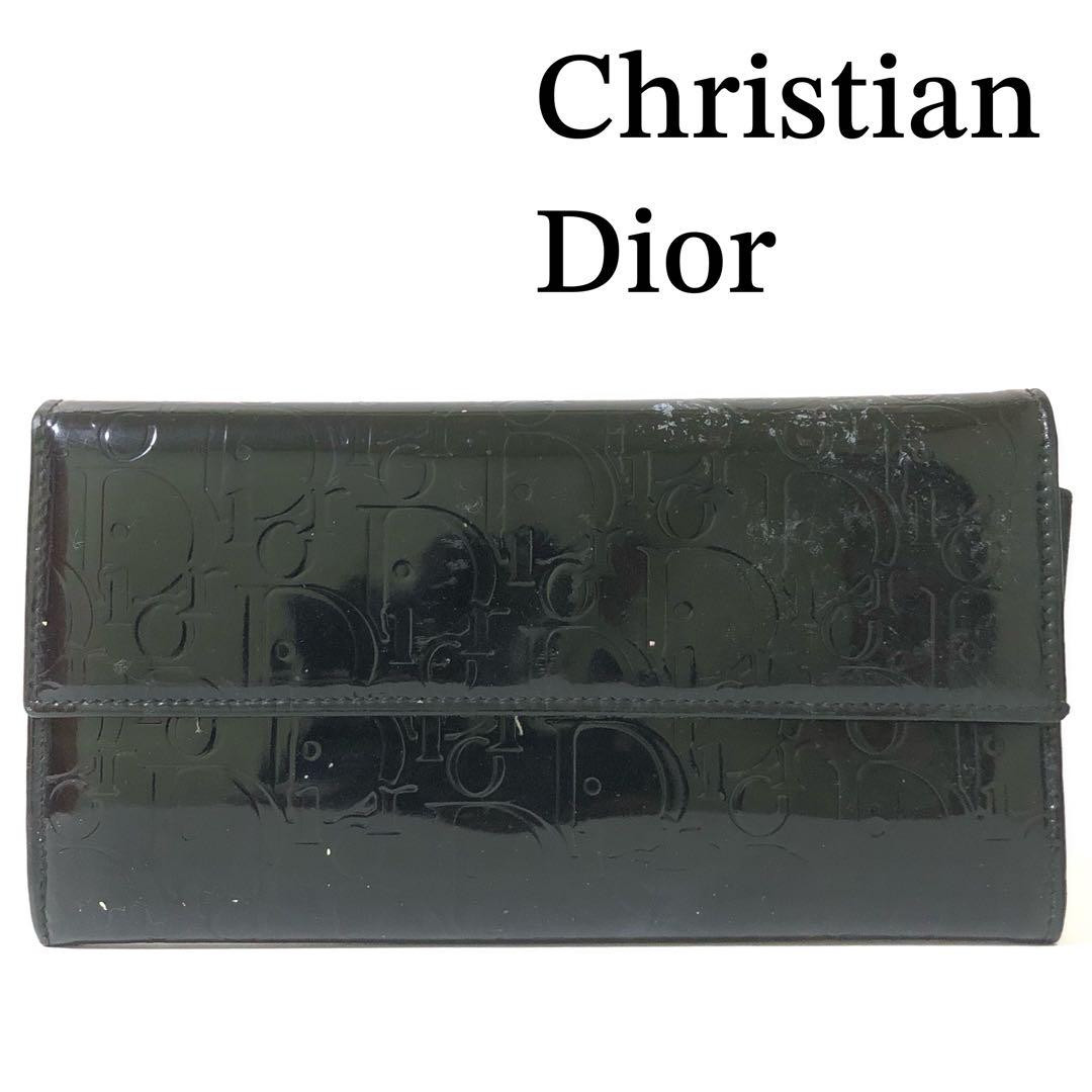 Christian Dior Trotter Monogram Black Enamel Leather Long Bifold Wallet