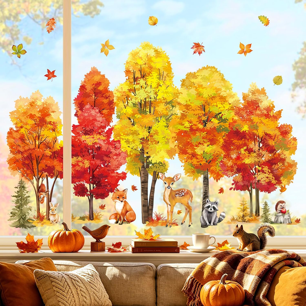 wondever Fensterbilder Herbst Baum Waldtiere Fuchs Hirsch Fenstersticker-image