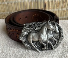 Vintage 1983 Horse Belt Buckle With Leather/Rawhide Belt USA
