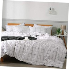 100 Natural Cotton 3pcs Plaid Duvet Cover Sets,White with Queen 90" 90" 0603