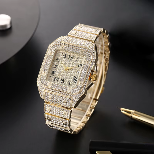 Reloj de lujo dorado con cristales para hombre, cuadrado, cuarzo 2