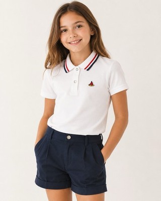 Monnalisa Girls White Polo Shirt Size 10 Rose Crest Embroidered Designer
