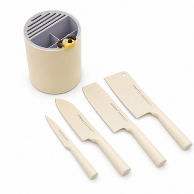 Kitchen Knife Set 5-Piece Cute Dog Block Chef Cleaver Cream Gift Stainless Steel
