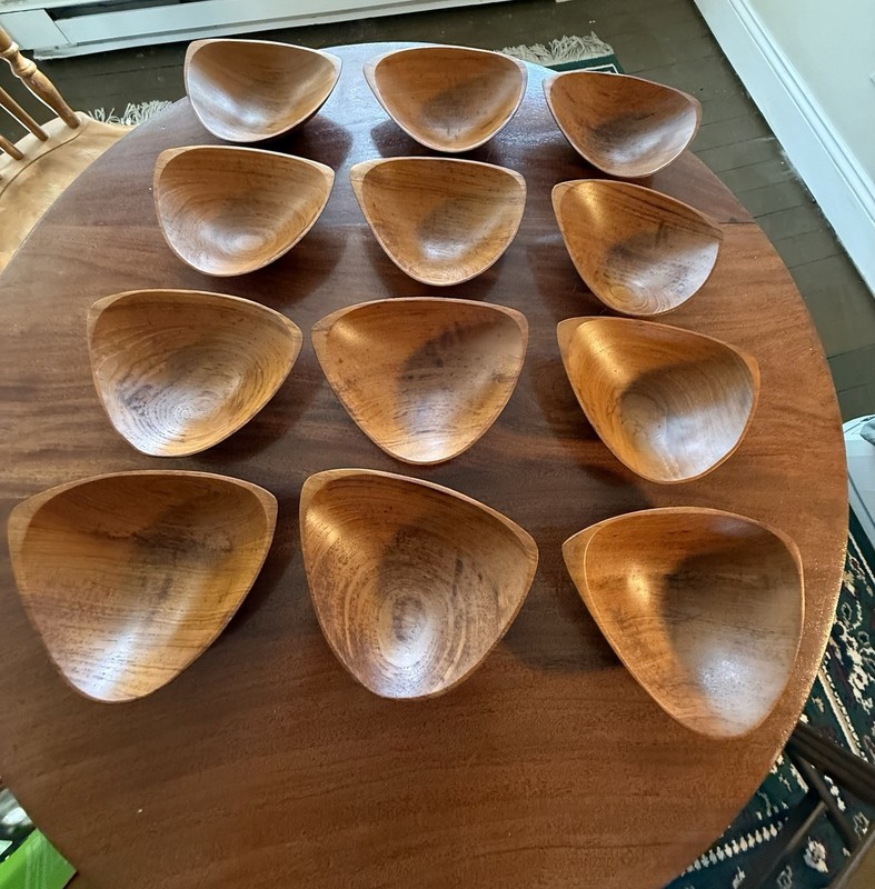 Vintage MCM Emilan Teak Wood Triangular Bowls Mid Century Modern Hand Carved-12