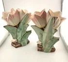 MCCOY Pottery Double Tulip Vase PAIR Pink, White 8 x 6" Vintage Good Condition