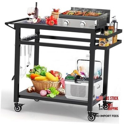 20''x32'' Grill Table Movable Grill Cart, Outdoor Food Prep Double-Shelf Black