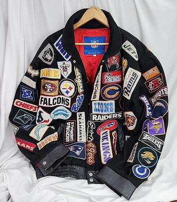 Jeff Hamilton Vintage Wool And Leather All Over Patch NFL jacket