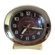 Vintage Westclox Baby Ben Alarm Clock Brown Sunburst Dial Gold Bezel WORKS