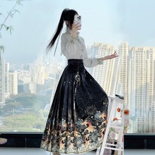 New Chinese Ming Dynasty Stand Collar Top Printed Horse Face Skirt Hanfu Set